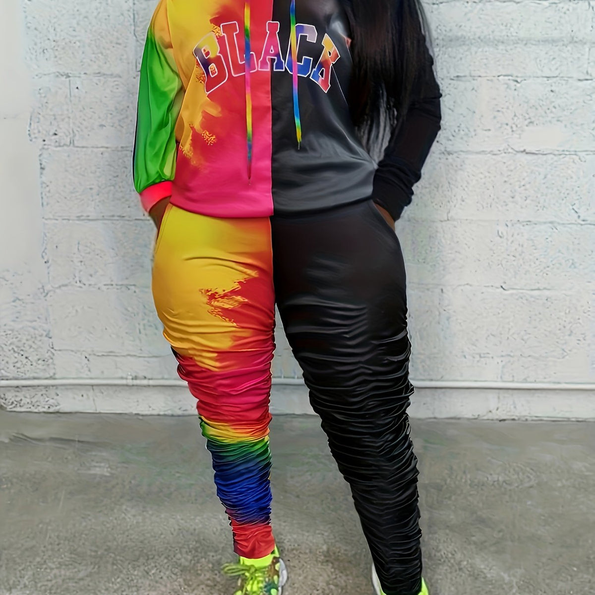  Colorblock Tie Dye Hooded Sweatshirt & Ruched Skinny Sweatpants