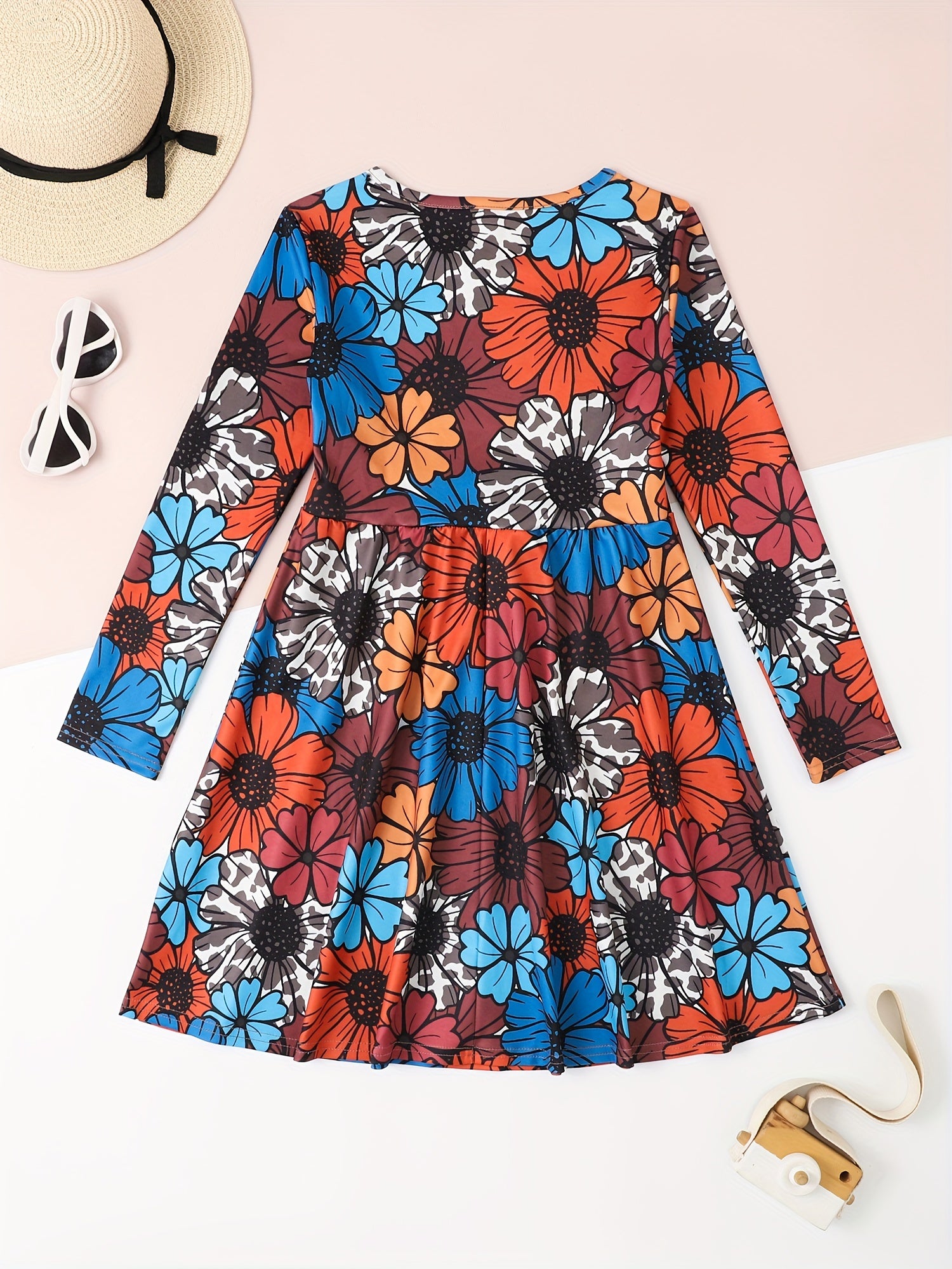 Girls Casual Autumn Flower Print Crew Neck Long Sleeve Dress