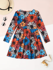 Girls Casual Autumn Flower Print Crew Neck Long Sleeve Dress