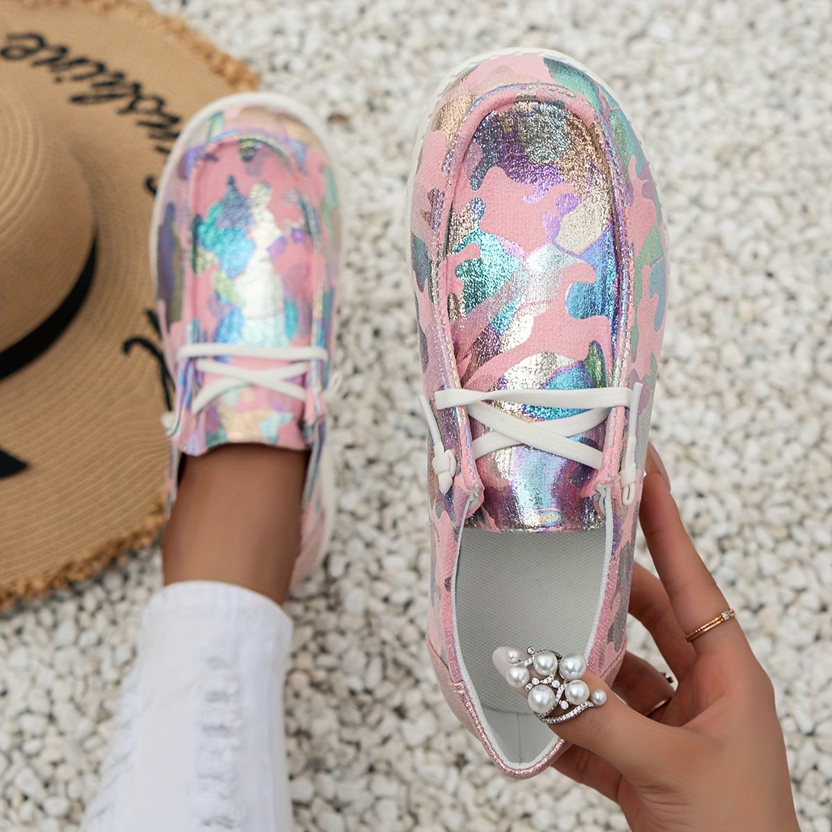 Women's Sequins Pattern Slip On Canvas Shoes Lightweight Round Toe Non Slip