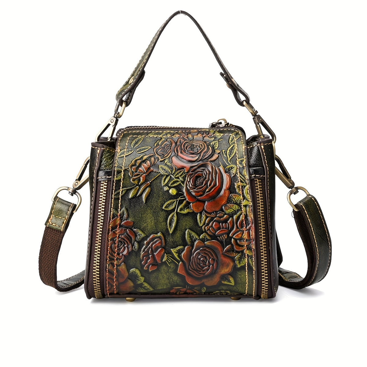Vintage Floral Hand Painted Women's Shoulder Bag Cowhide Leather Urban Style