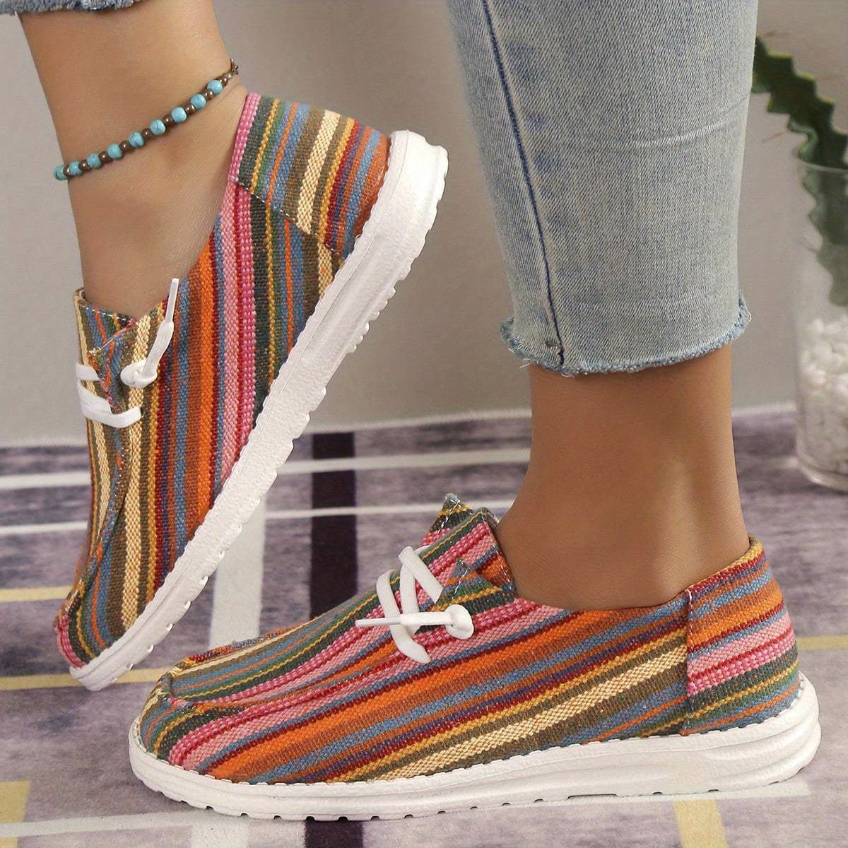 Women's Striped Canvas Shoes Lace Up Outdoor Sneakers Lightweight