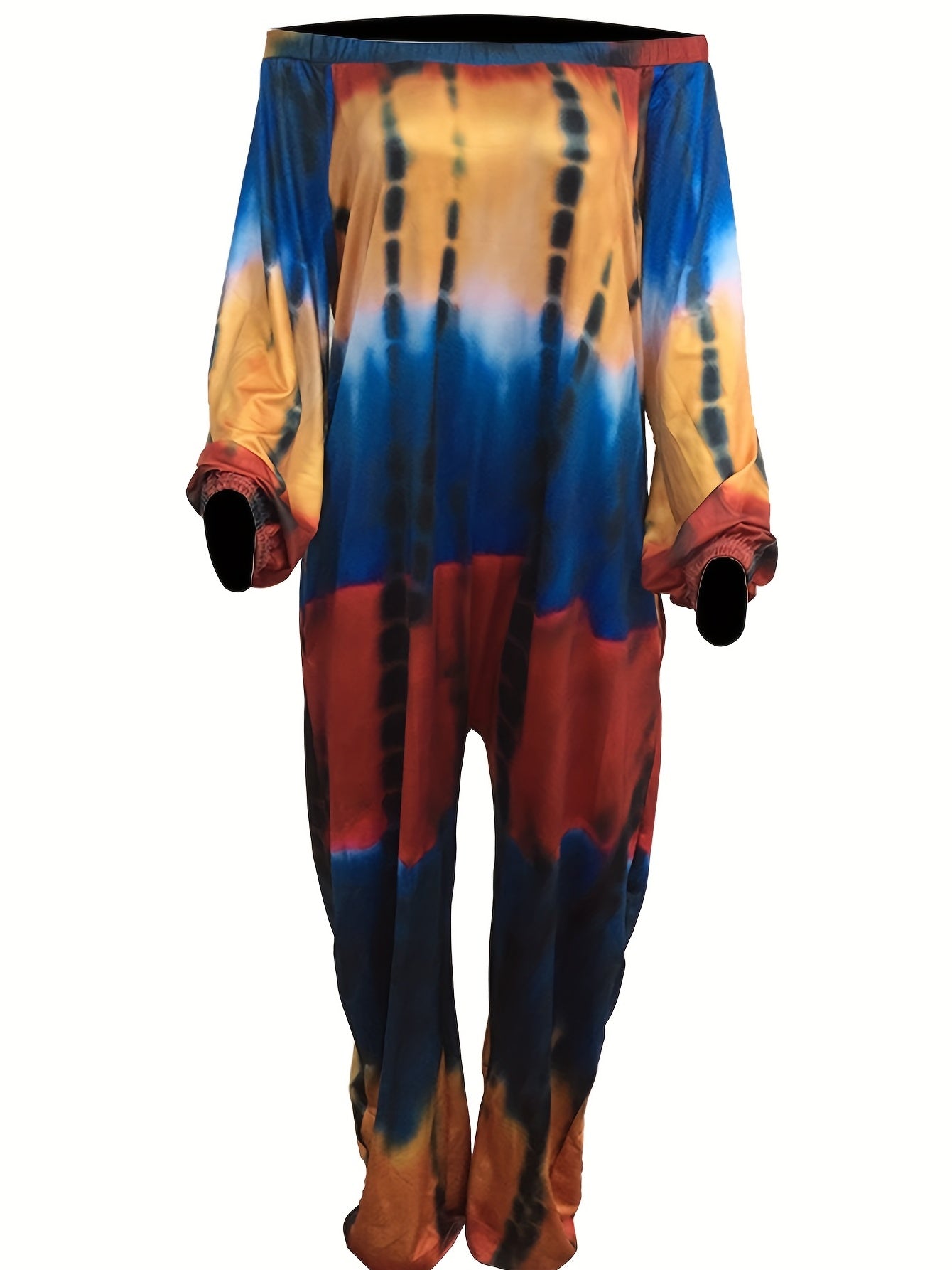  Boho Tie Dye Off Shoulder Lantern Sleeve Jumpsuit