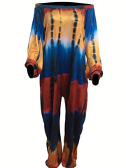  Boho Tie Dye Off Shoulder Lantern Sleeve Jumpsuit