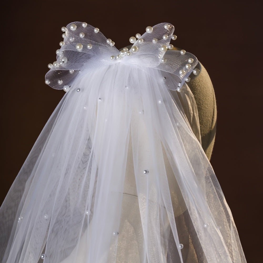 Bride's Wedding Dress Accessories with Pearls & Short Bow Headscarf