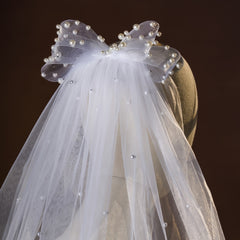 Bride's Wedding Dress Accessories with Pearls & Short Bow Headscarf