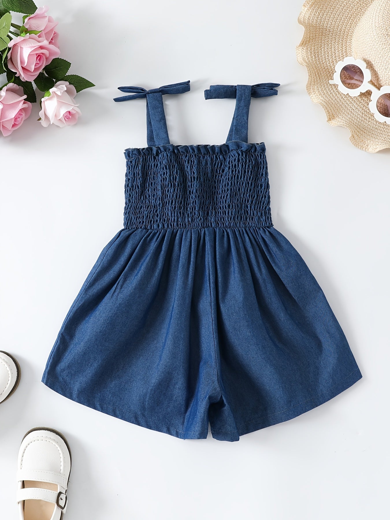 Toddler Girls Shirred Frill Trim Bow Cami Romper Jumpsuit
