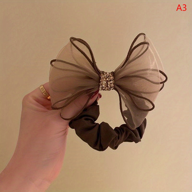 Mesh Bow Hair Ring Rhinestone Bow Ponytail Hair Rope Women's Hair Accessories