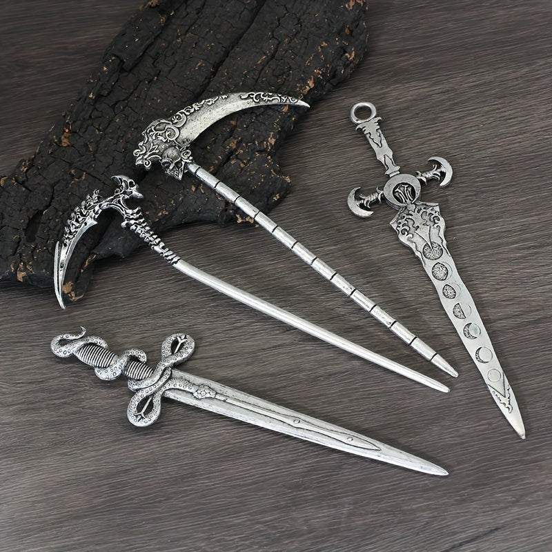 Witch Reaper Skull Hairpin Moon Sword Hair Stick Vintage Snake Sword Hair Clip