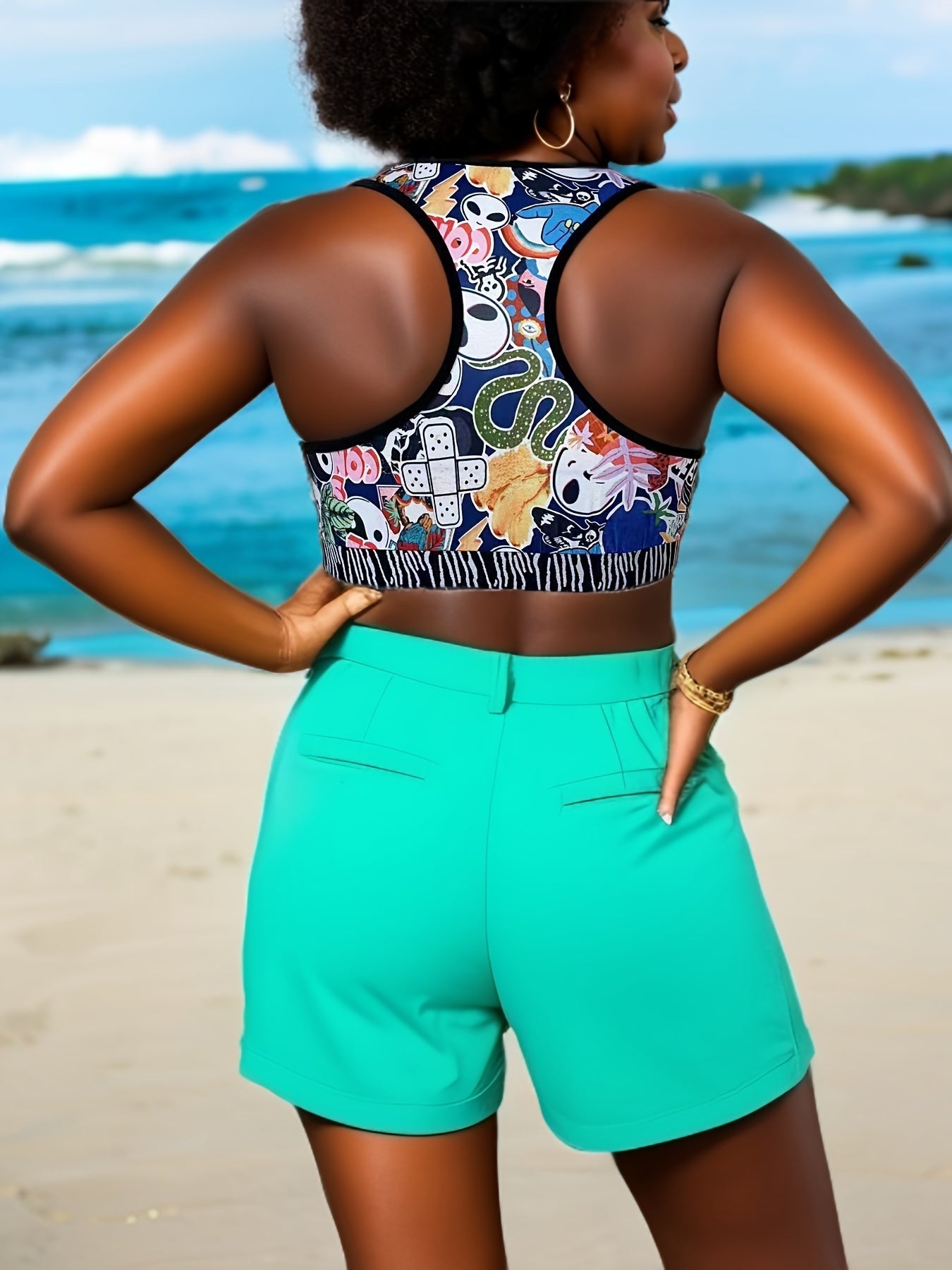  Sports Tank Top Graphic Print High Stretch Round Neck Plus Women