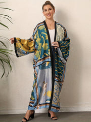  Boho Kimono Women's Plus Print Trim Long Sleeve Beach Cover Up