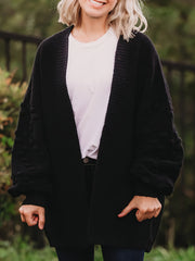Plus Size Solid Dot Pattern Lantern Sleeve Open Front Sweater Cardigan