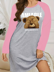  Cartoon Bear Print Raglan Sleeve Round Neck Tee Sleep Dress