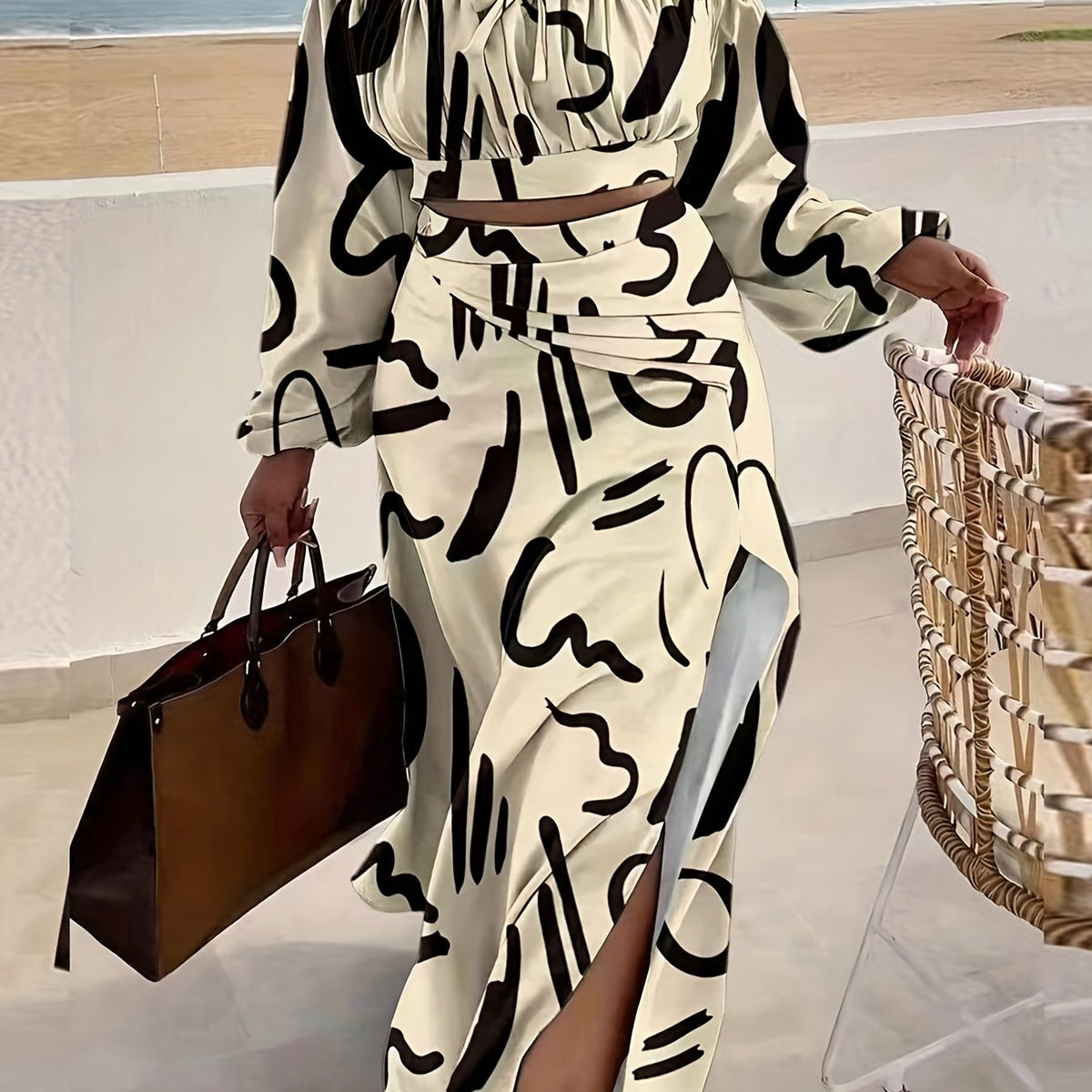 Abstract Graphic Print Off Shoulder Two piece Set