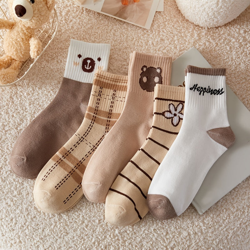 5 Pairs Bear Flowers Crew Socks Lightweight Women's Stockings
