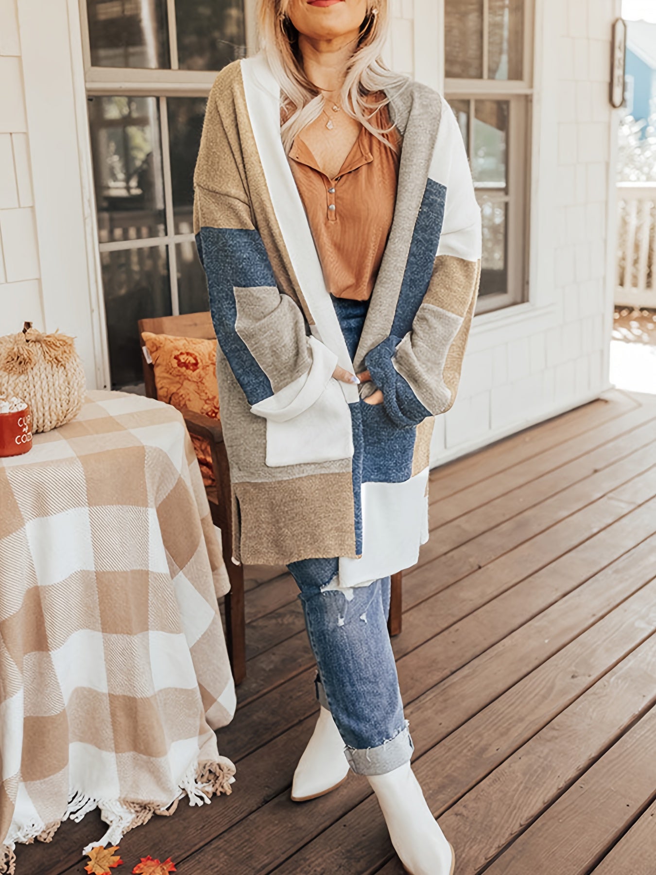  Colorblock Long Sleeve Cardigan With Pockets