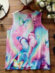  Bubble & Butterfly Print Lace Trim V Neck Tank Top