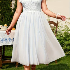  Contrast Lace Ruffle Trim Mesh Formal Party Dress