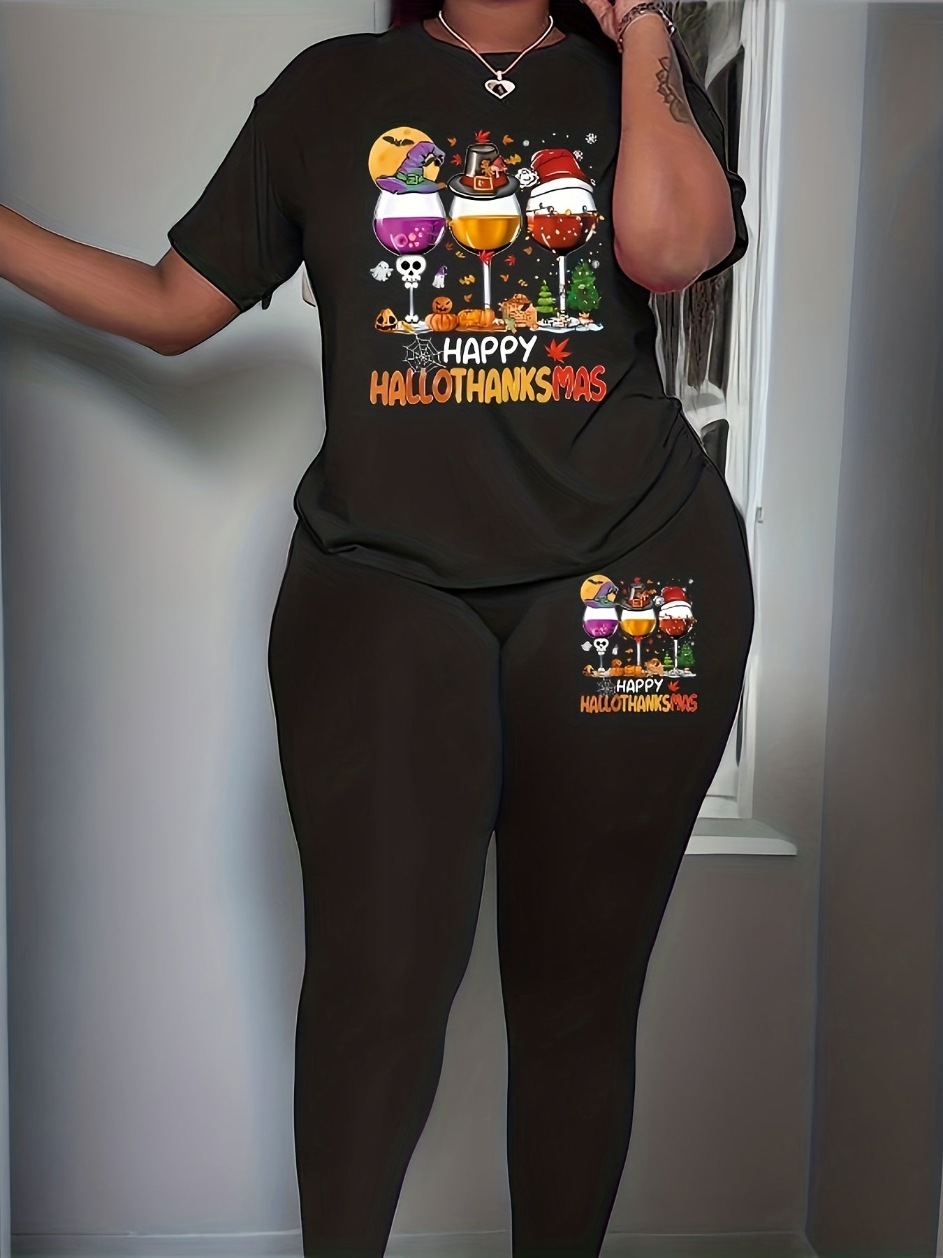  Funny Wine Glasses Print Tunic & Leggings Set