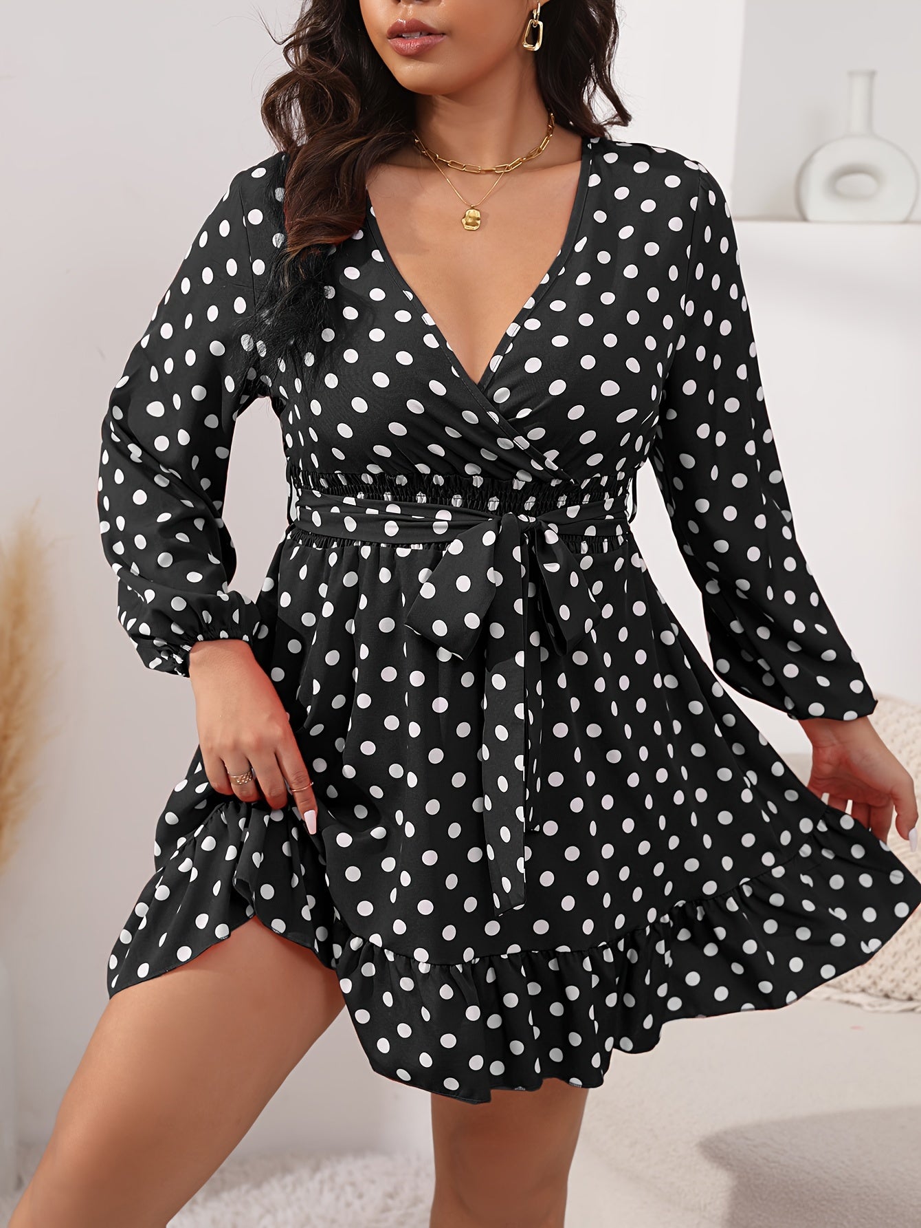  Polka Dot Lantern Sleeve Dress Ruffle Trim