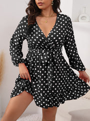  Polka Dot Lantern Sleeve Dress Ruffle Trim