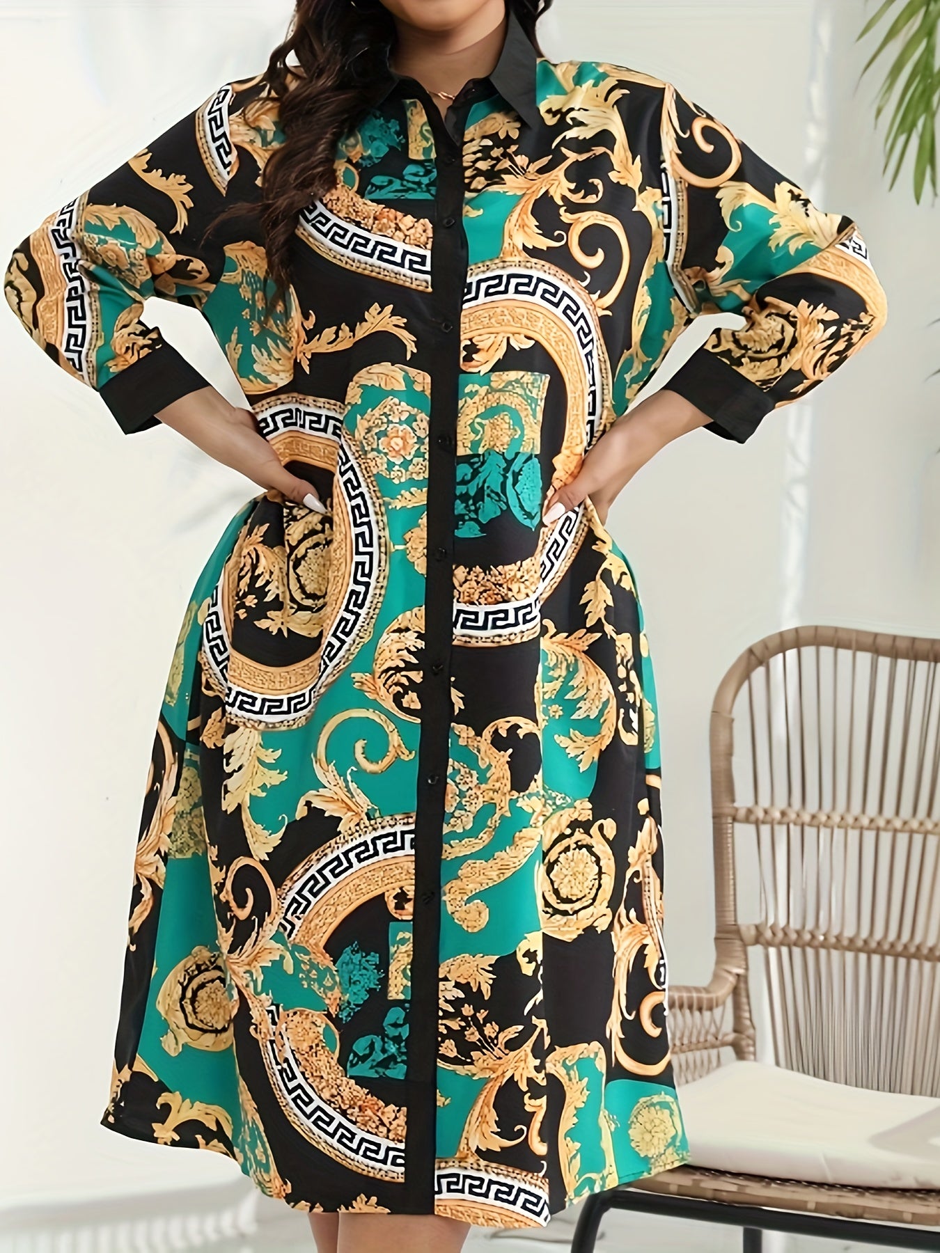  Baroque Print Button Up Long Sleeve Shirt Dress