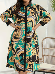  Baroque Print Button Up Long Sleeve Shirt Dress