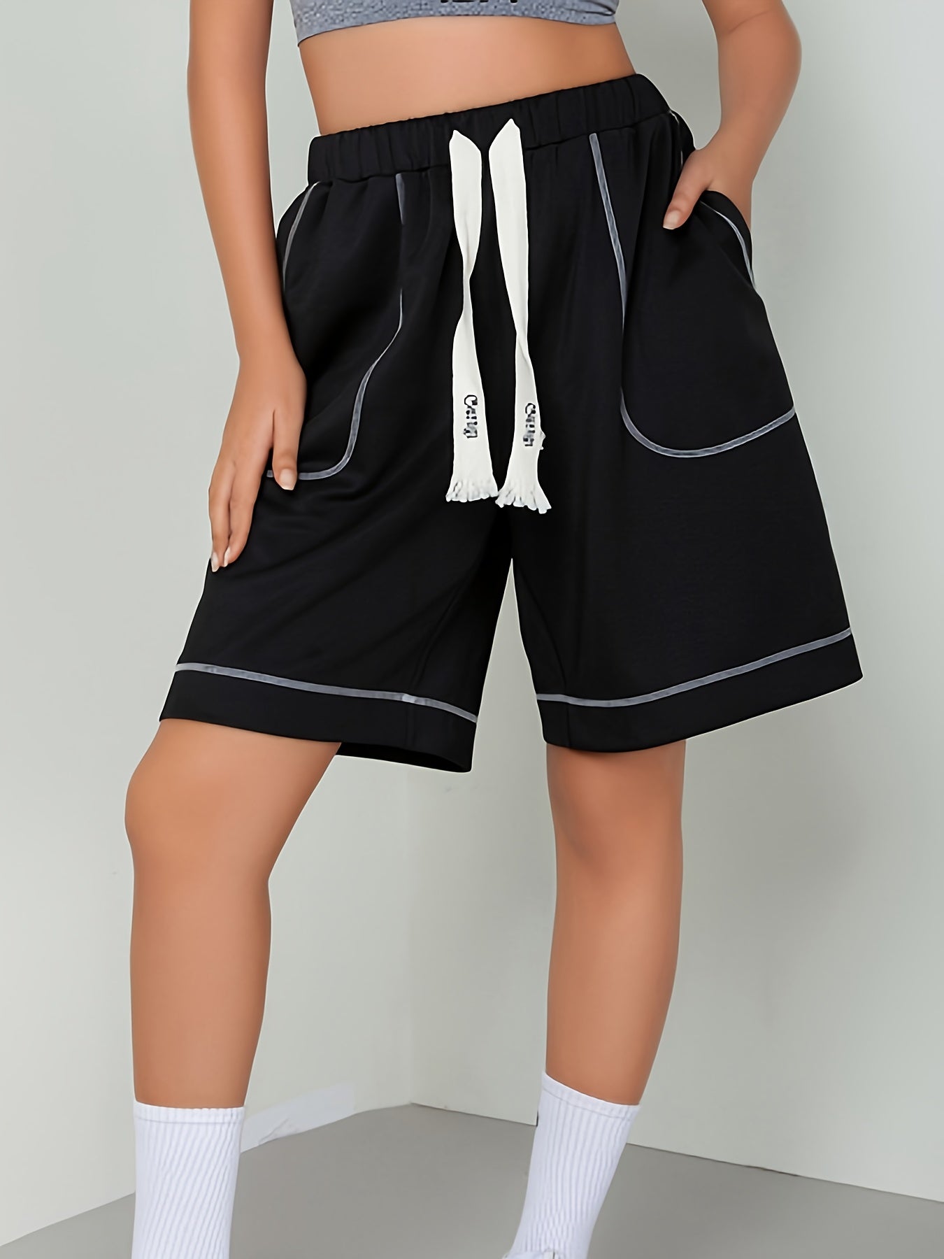  Casual Shorts Women's Plus Solid Stitching Elastic Drawstring