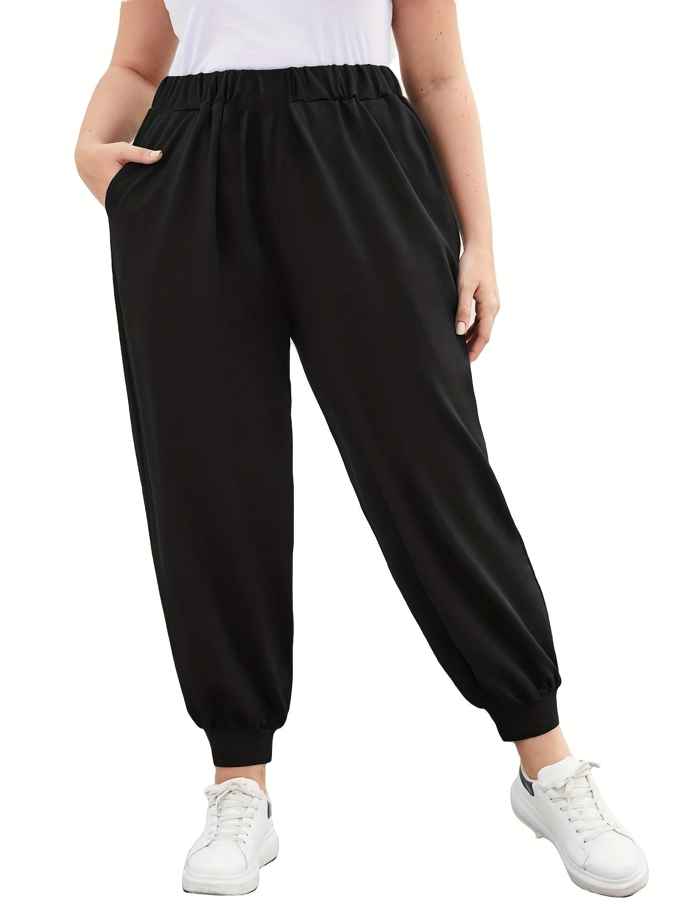  Casual Pants Women's Plus Solid Elastic Waist Medium Stretch Joggers