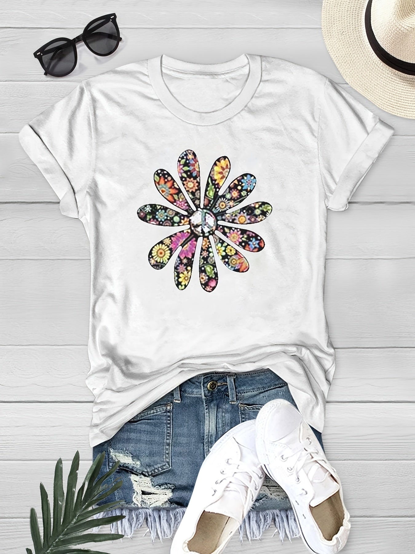 Summer Flower Graphic Tee Women Casual Crew Neck Short Sleeves Women's Tops