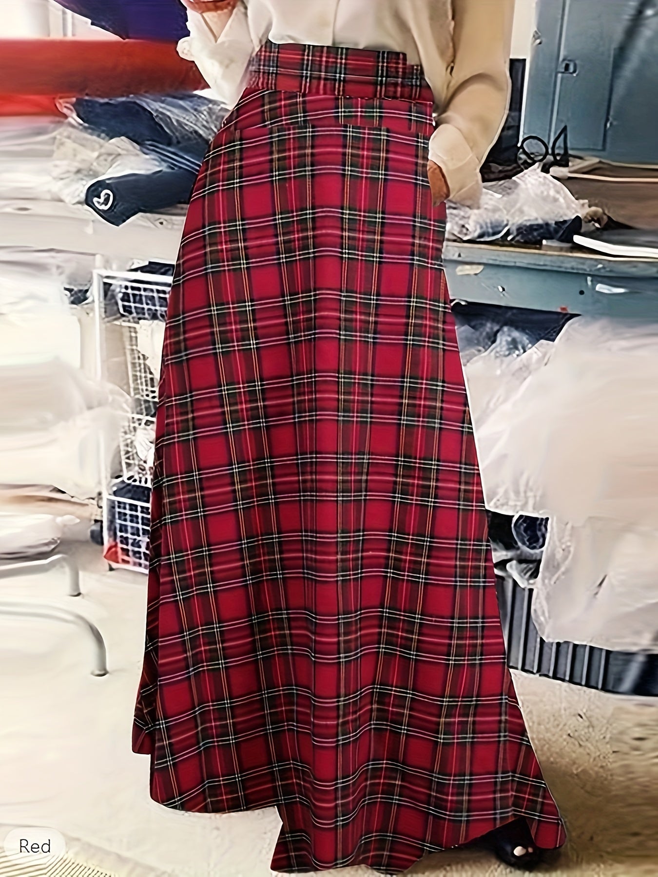  Plaid Print High Rise Swing Maxi Skirt