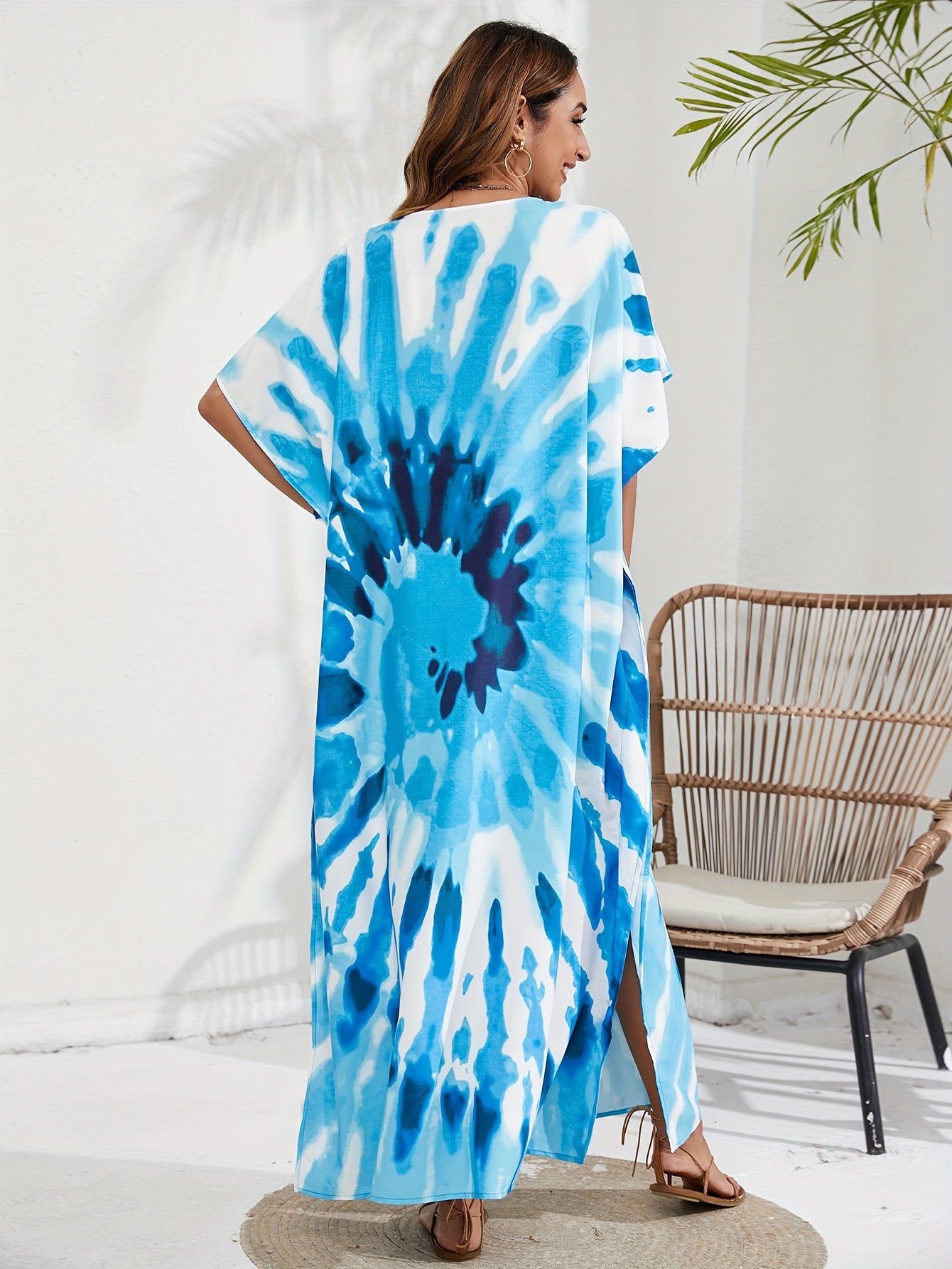  Boho Tie Dye Print Batwing Sleeve Maxi Cover Up Dress