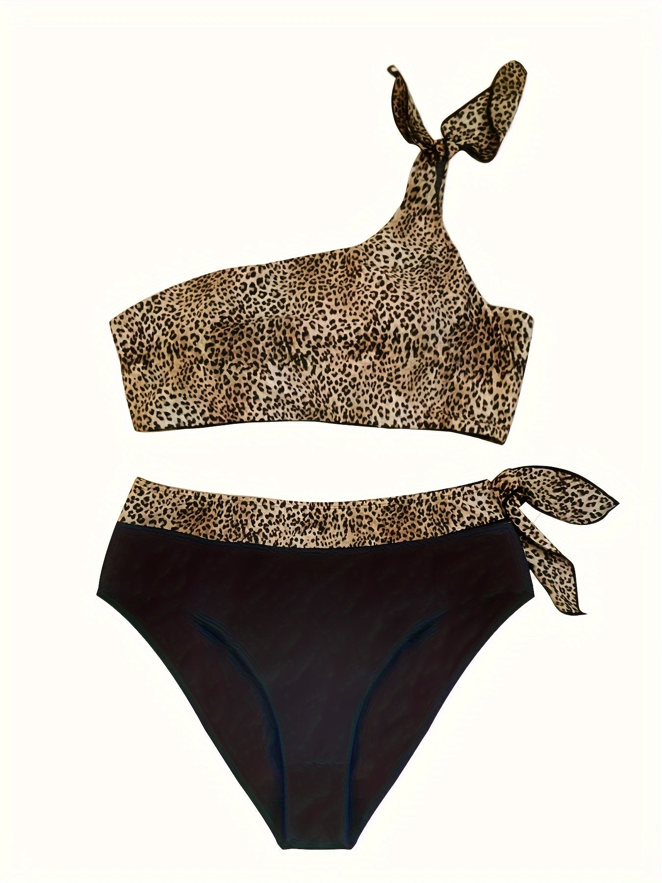 Plus Leopard Print One Shoulder Bikini Set