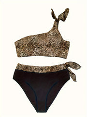 Plus Leopard Print One Shoulder Bikini Set
