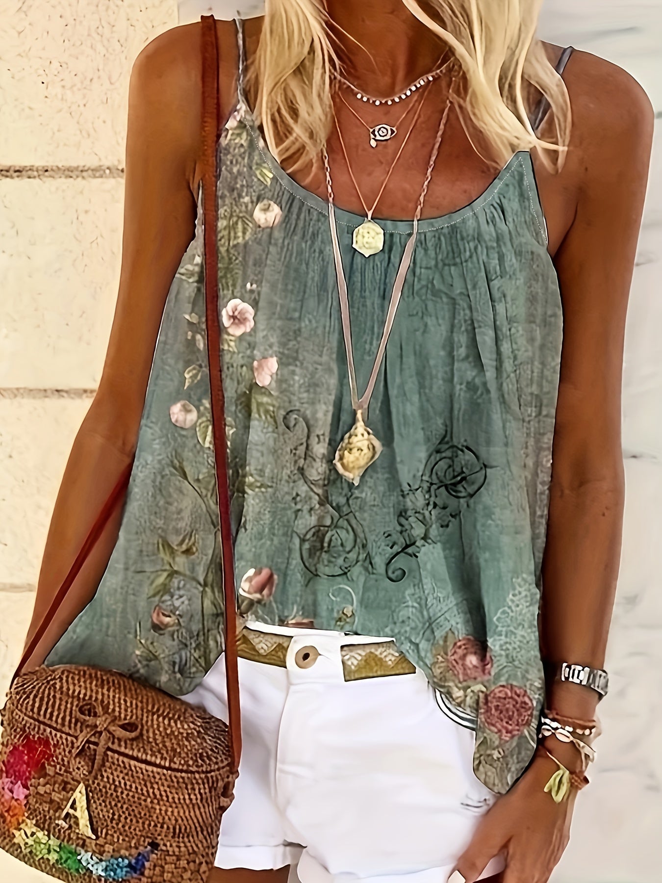  Floral Print Stretch Cami Top