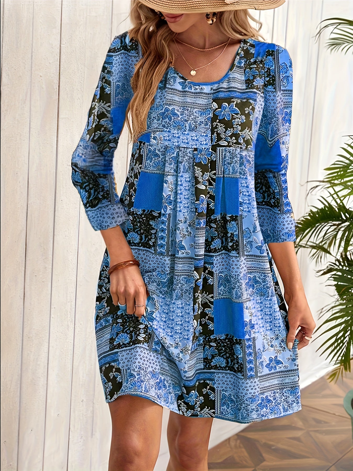  Boho Dress Floral Print Half Sleeve Round Neck Pleated Dress