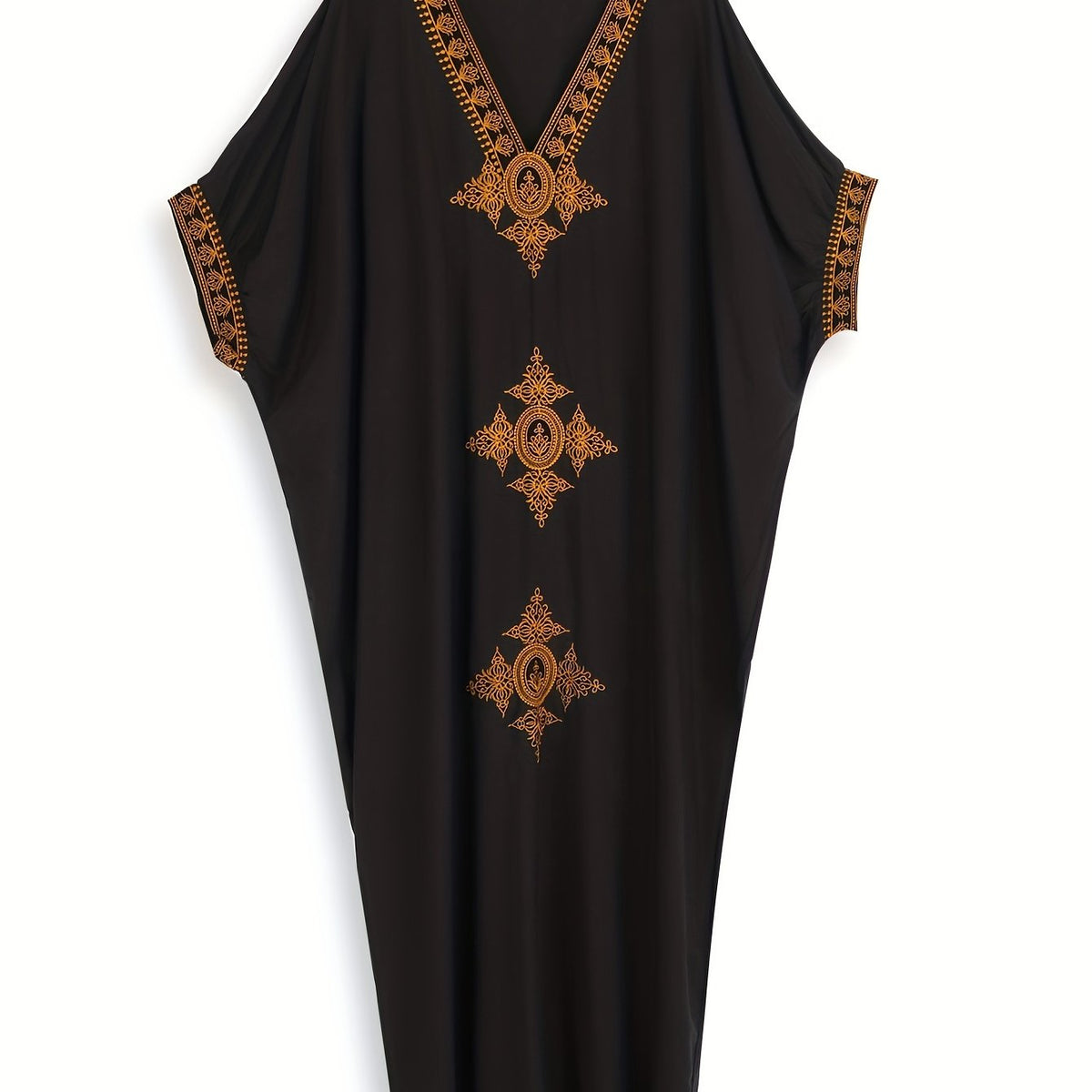 Golden Embroidered Batwing Sleeve V Neck Maxi Cover Up Dress