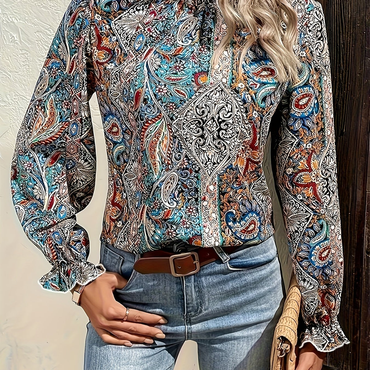  Boho Blouse Women's Paisley Floral Print Ruffle Trim Sleeve