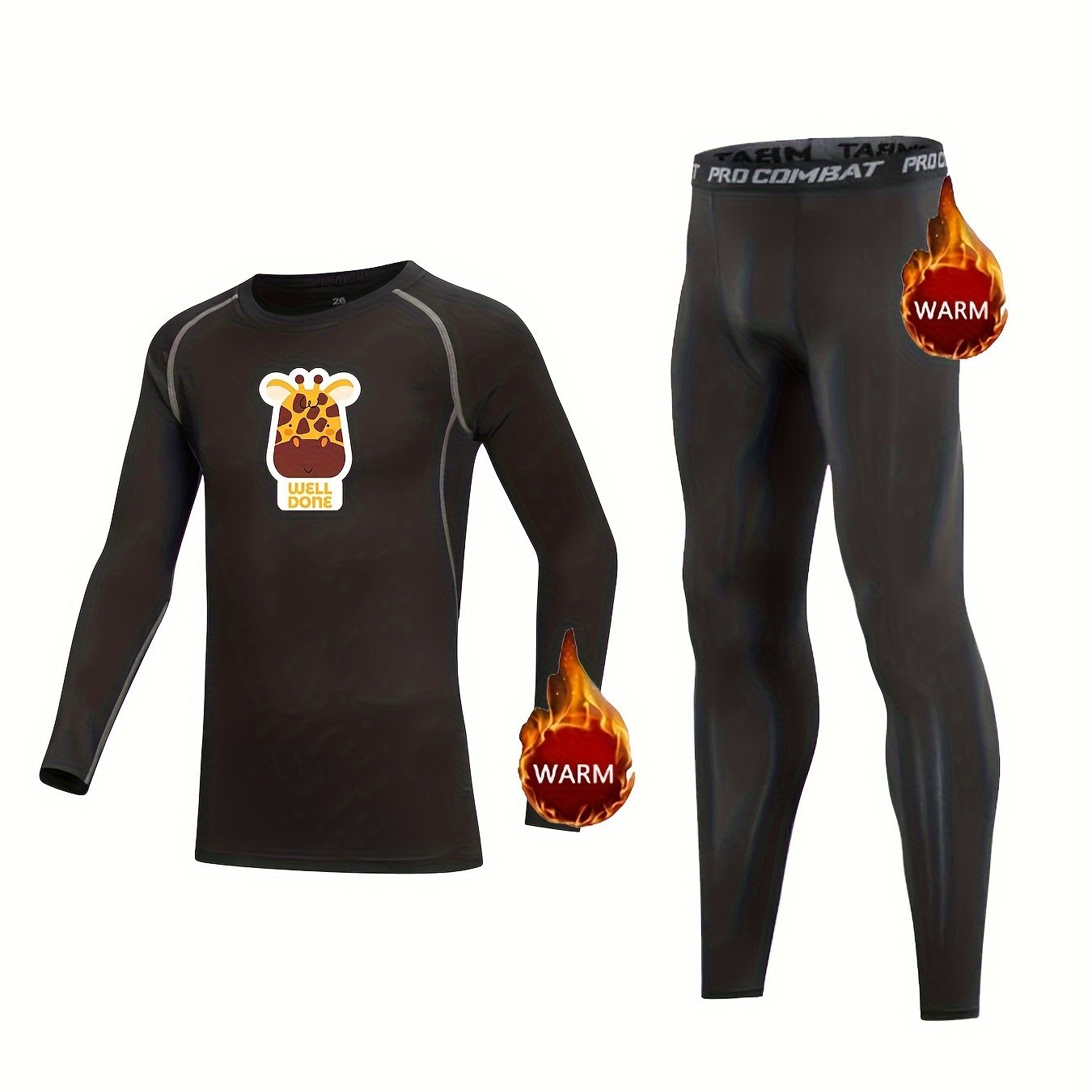 Kids Compression Fleece Set, Deer Pattern, Long Sleeve, Elastic Waist Pants