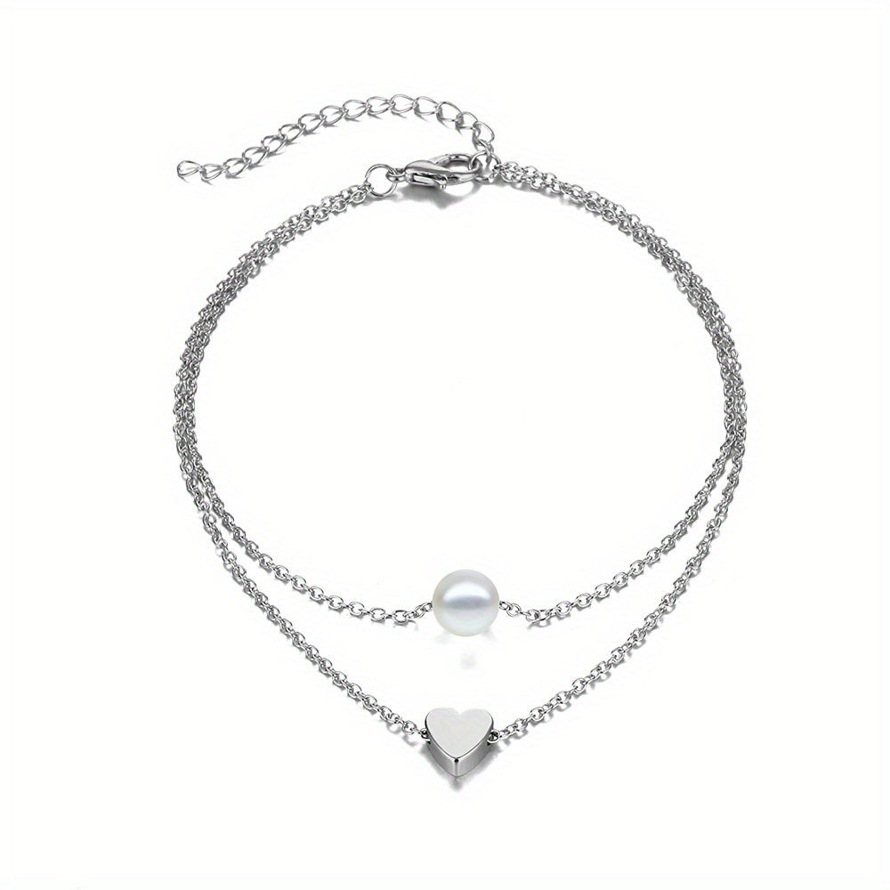 Heart Beads Chain Anklet Double Layered Faux Pearl Ankle Chain