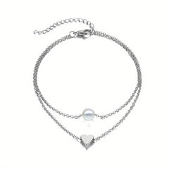 Heart Beads Chain Anklet Double Layered Faux Pearl Ankle Chain