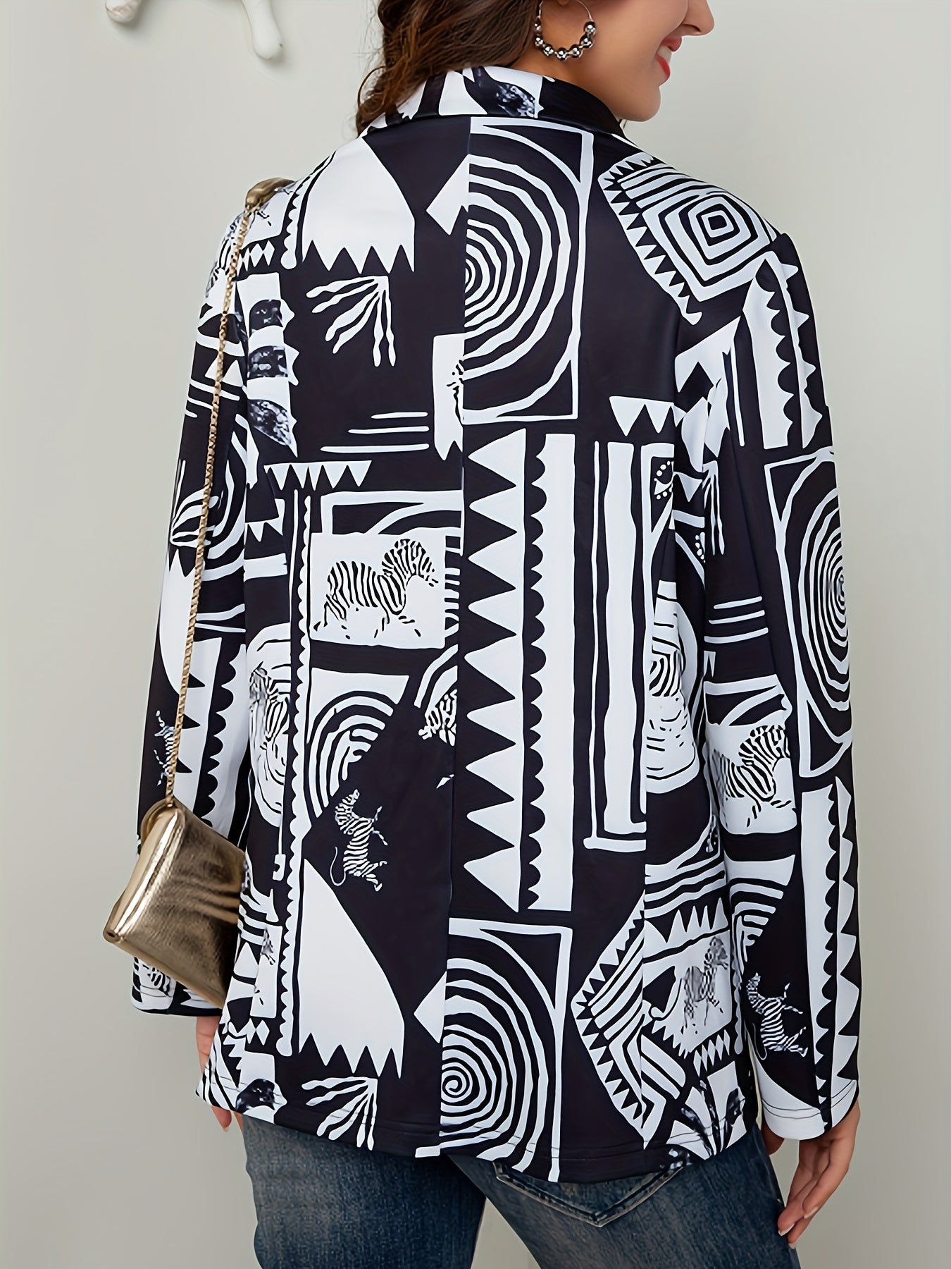  Colorblock Print Long Sleeve Blazer
