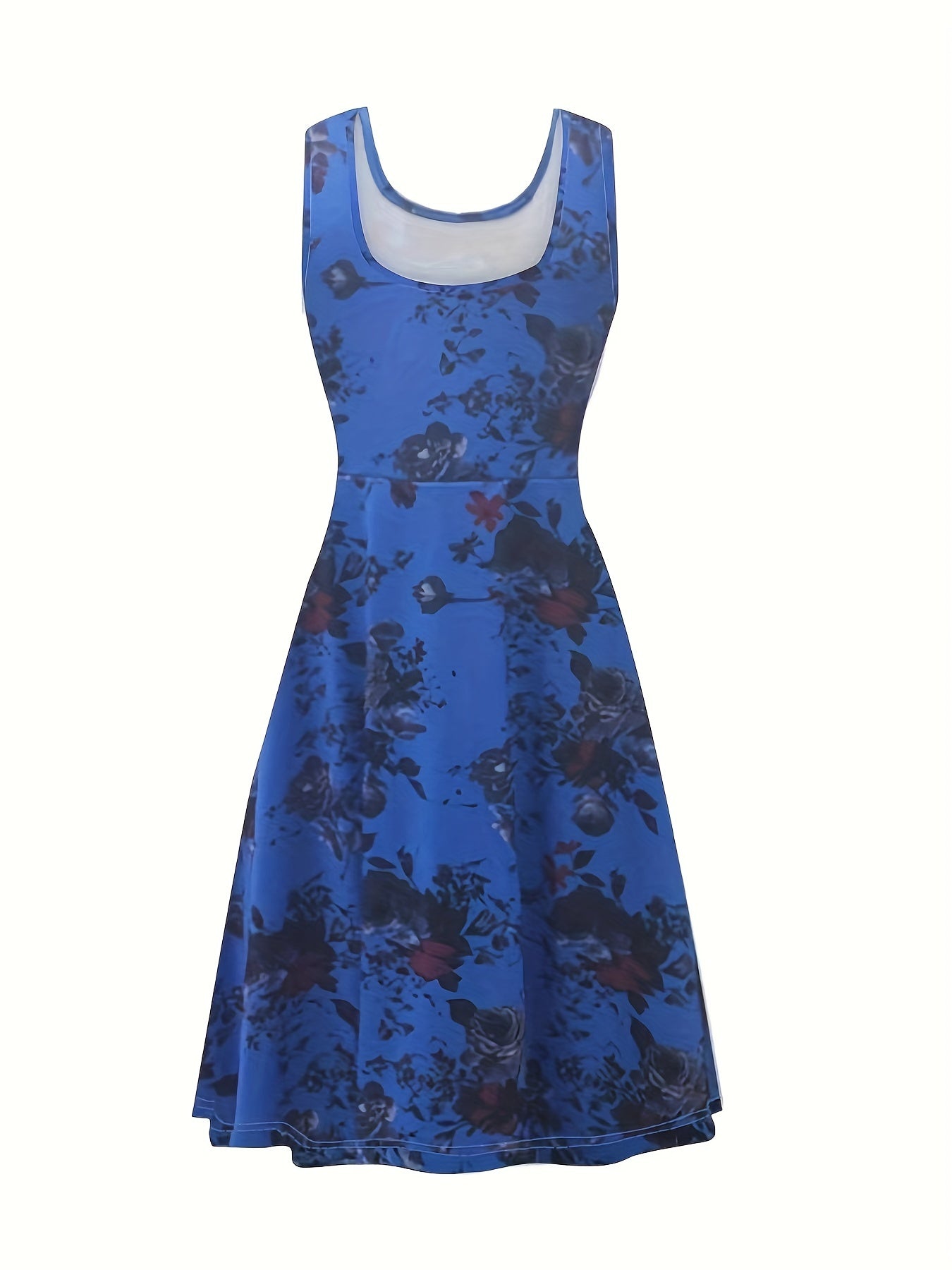  Floral Print Round Neck Stretch Tank Dress