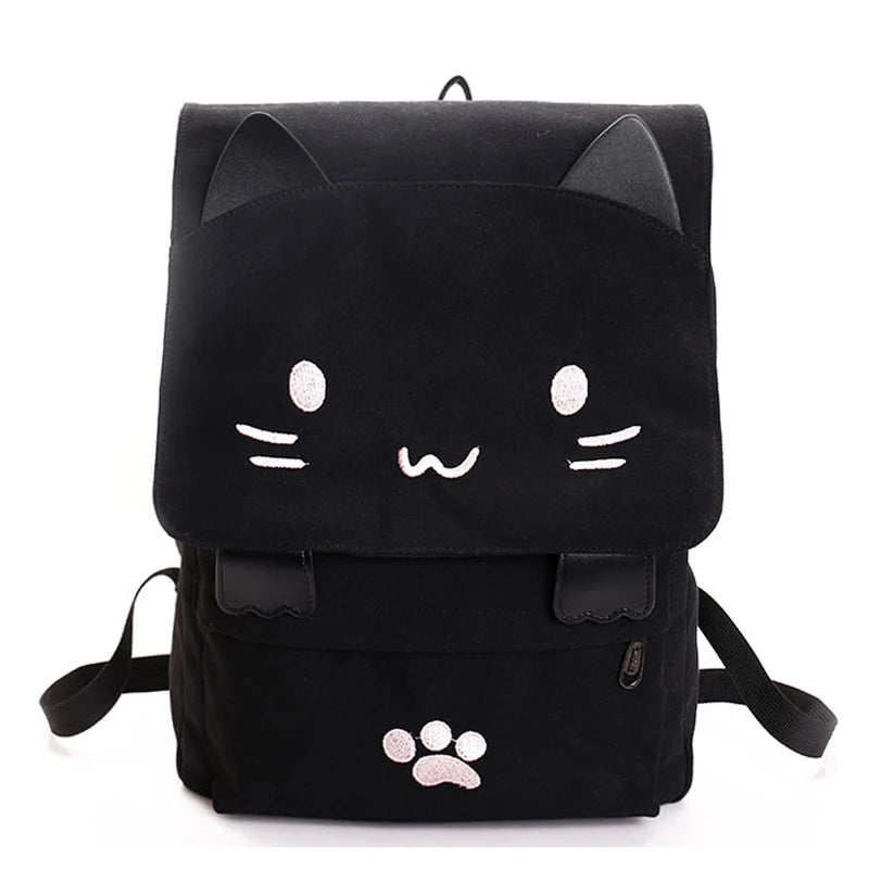 Cat Embroidery Canvas Student Bag for Women