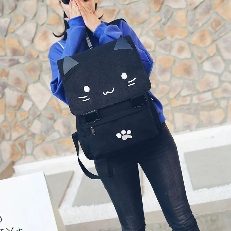 Cat Embroidery Canvas Student Bag for Women