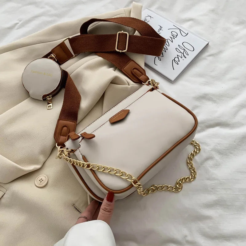 Women's Wide Strap Messenger Bag Set - 3-Piece PU Leather Shoulder Bags