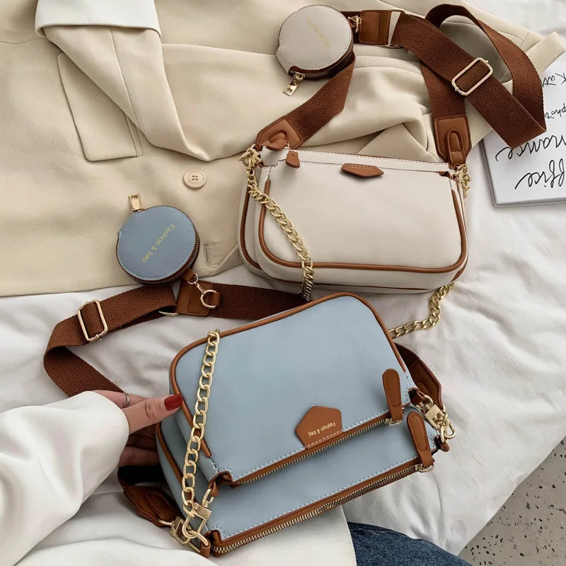 Women's Wide Strap Messenger Bag Set - 3-Piece PU Leather Shoulder Bags
