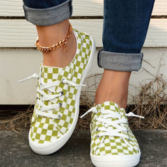 Green Checkerboard Walking Shoes Lace Up Casual Flat Sneakers