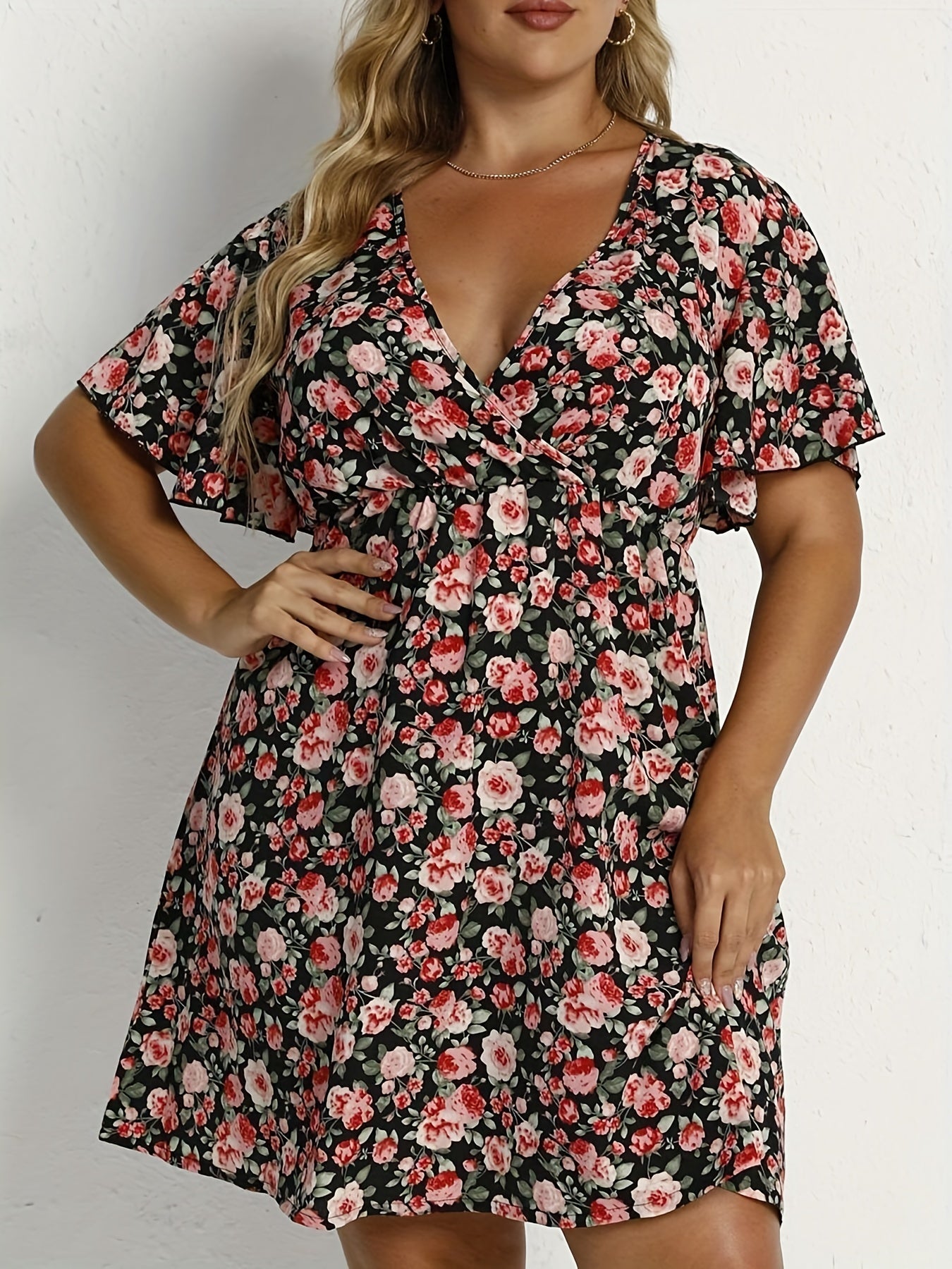 Floral Print Flutter Sleeve Dress