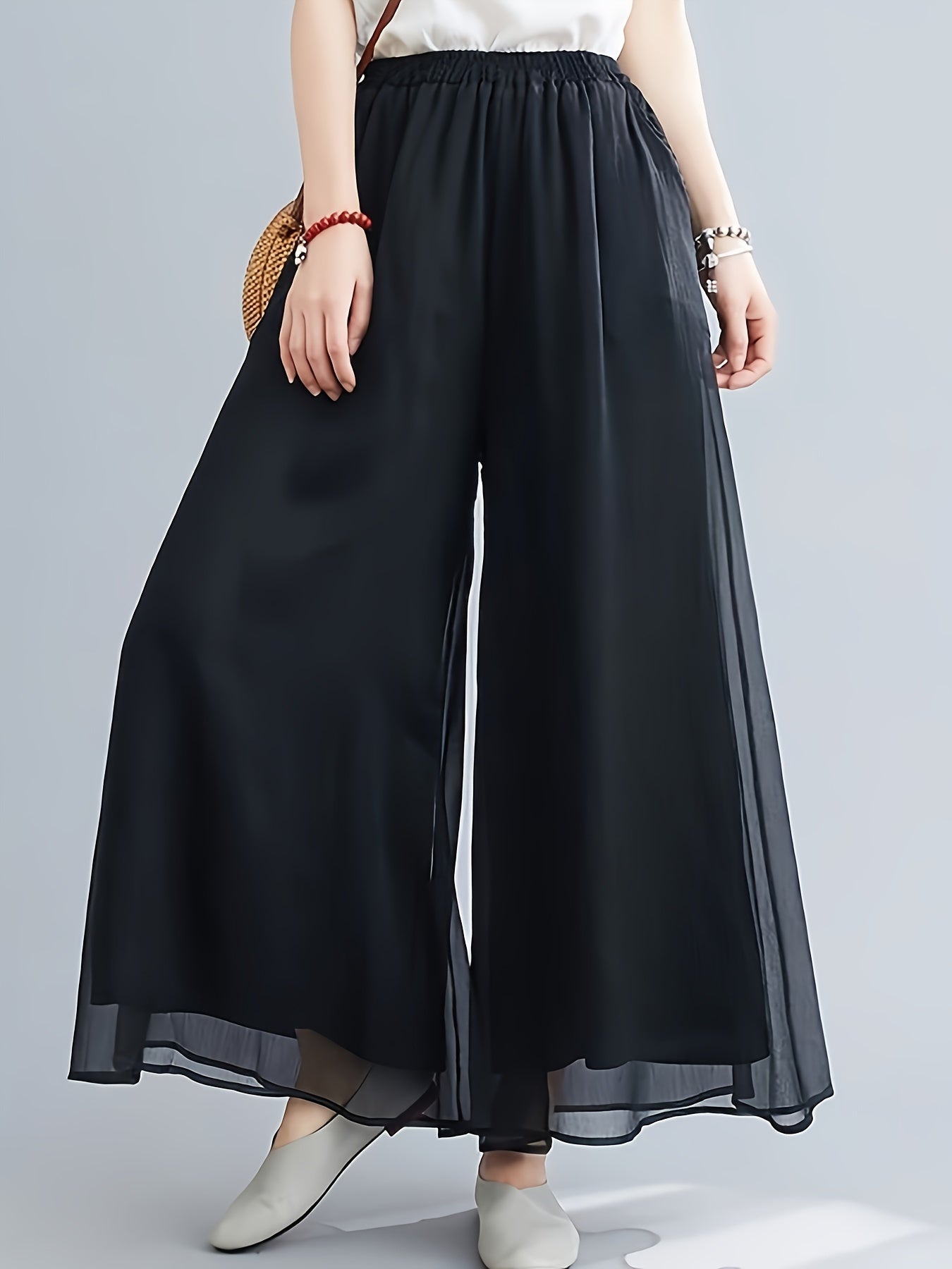  Mesh Overlay Wide Leg Trousers